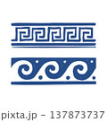 Seamless border in the style of Greek doodles in blue. Hand-drawn Roman ornament. Wave and geometric pattern in a graphic sketch style. Hand-drawn Greek ethnic repeating stripe. Vector illustration 137873737