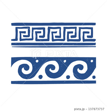 Seamless border in the style of Greek doodles in blue. Hand-drawn Roman ornament. Wave and geometric pattern in a graphic sketch style. Hand-drawn Greek ethnic repeating stripe. Vector illustration Seamless border in the style of Greek doodles in blue. Hand-drawn Roman ornament. Wave and geometric pattern in a graphic sketch style. Hand-drawn Greek ethnic repeating stripe. Vector illustration 137873737