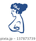 Vector illustration of an ancient Greek woman's head in profile, vector line clip art. Sketch-style goddess statue in blue. 137873739