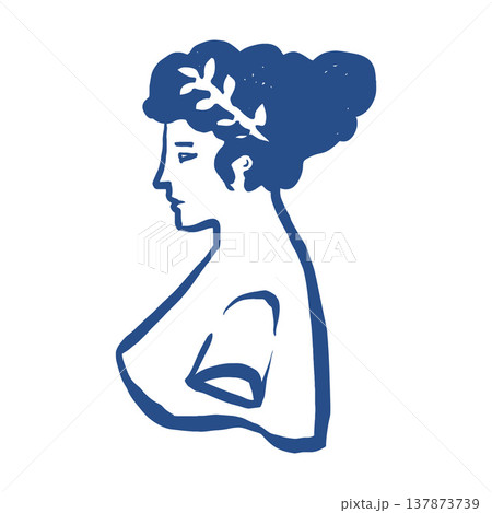 Vector illustration of an ancient Greek woman's head in profile, vector line clip art. Sketch-style goddess statue in blue. Vector illustration of an ancient Greek woman's head in profile, vector line clip art. Sketch-style goddess statue in blue. 137873739