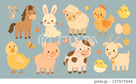 Animal cow animals with farm cute sheep and lamb chicken pig. Cartoon goat horse with sticker animal farmyard and bird bunny mother. Bull baby animal with vector duck farm and cow hen cute 137873848