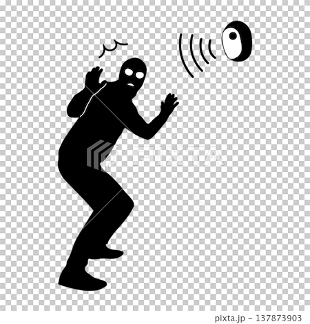 Silhouette illustration of a thief surprised by a sensor reaction. Silhouette illustration of a thief surprised by a sensor reaction. 137873903