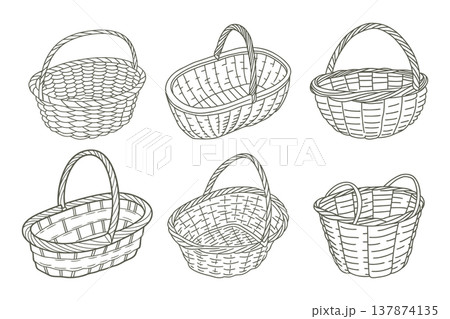Set of hand drawn wicker baskets isolated on white background. Sketch. 137874135