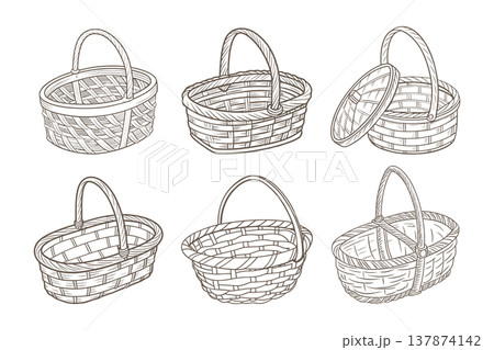 Set of hand drawn wicker baskets isolated on white background. Sketch. 137874142