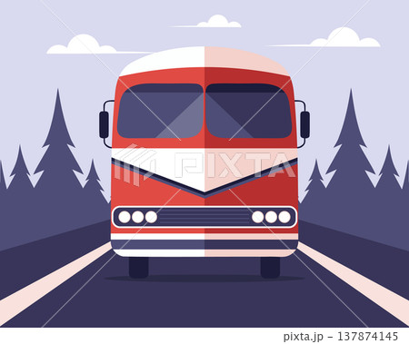 Red and white bus on a road. Front view of a retro van. Illustration. 137874145