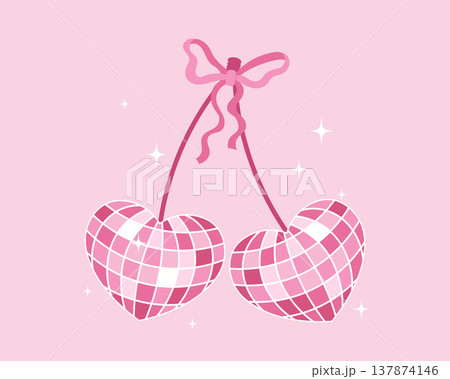 Pink Heart Disco Balls with Ribbon Bow. Heart shaped cherries with bow. Illustration. Pink Heart Disco Balls with Ribbon Bow. Heart shaped cherries with bow. Illustration. 137874146