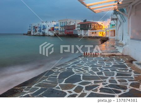 Little Venice waterfront at blue hour in Mykonos Greece 137874381