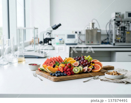 Assortment of fresh fruits on wooden board in a laboratory setting with scientific equipment, healthy food research concept, fruit assortment 137874491