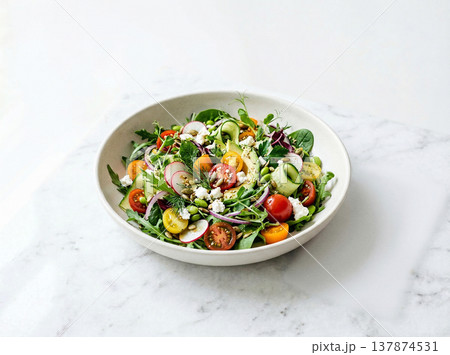 Mixed green salad with cherry tomatoes, cucumber, and feta cheese in a white bowl, healthy eating concept, mixed greens 137874531