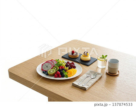 Assorted fresh fruits platter and miniature desserts on wooden table, breakfast or brunch setting, fruit platter Assorted fresh fruits platter and miniature desserts on wooden table, breakfast or brunch setting, fruit platter 137874533