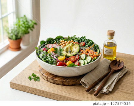 Healthy salad bowl with avocado, tomatoes, and chickpeas next to olive oil and wooden utensils by window, plant based Healthy salad bowl with avocado, tomatoes, and chickpeas next to olive oil and wooden utensils by window, plant based 137874534