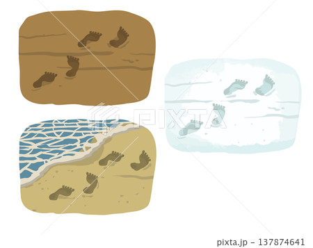 いろいろな場所と足跡のイラスト 砂浜・土・雪 いろいろな場所と足跡のイラスト 砂浜・土・雪 137874641