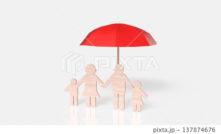 Family Protection Concept With Red Umbrella And Wooden Figures 3d render. 137874676