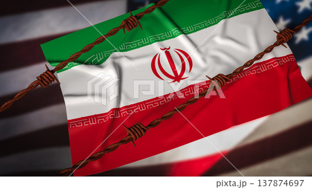 Iran Flag Behind Barbed Wire With Blurred United States Flag Background Political Conflict Concept 3d render. 137874697