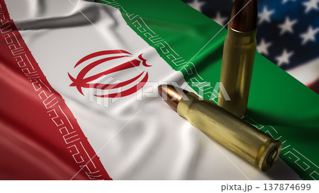 Iran Flag With Bullets and Barbed Wire Against Blurred United States Flag Political Conflict Concept 3d render. Iran Flag With Bullets and Barbed Wire Against Blurred United States Flag Political Conflict Concept 3d render. 137874699
