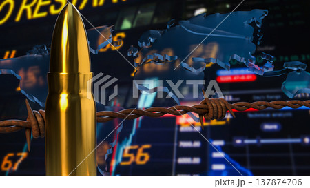 Global Conflict And Economic Crisis Concept With Bullets And World Map 3d render. Global Conflict And Economic Crisis Concept With Bullets And World Map 3d render. 137874706