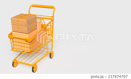 Yellow Shopping Cart Filled With Packages Online Shopping Delivery Concept 3d render. Yellow Shopping Cart Filled With Packages Online Shopping Delivery Concept 3d render. 137874707