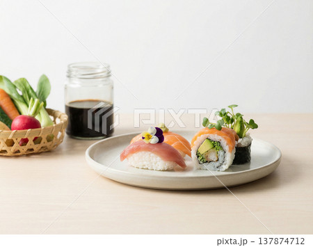 Gourmet sushi and roll platter with soy sauce and salad with japanese food 137874712