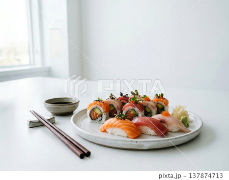 Assortment of sushi and rolls on white plate with chopsticks with japanese food Assortment of sushi and rolls on white plate with chopsticks with japanese food 137874713