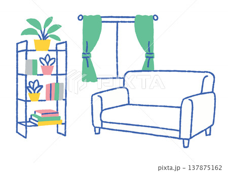 ソファと本棚のあるリビングルーム_色 ソファと本棚のあるリビングルーム_色 137875162