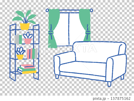 ソファと本棚のあるリビングルーム_色 ソファと本棚のあるリビングルーム_色 137875162