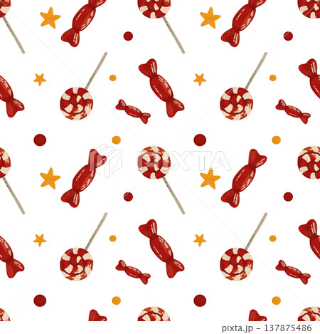 A festive seamless pattern with a lollipop, candy, confetti. In flat style. Watercolor, pastel, gouache. In red tones. Design element for products, prints, textiles, wallpapers printing A festive seamless pattern with a lollipop, candy, confetti. In flat style. Watercolor, pastel, gouache. In red tones. Design element for products, prints, textiles, wallpapers printing 137875486