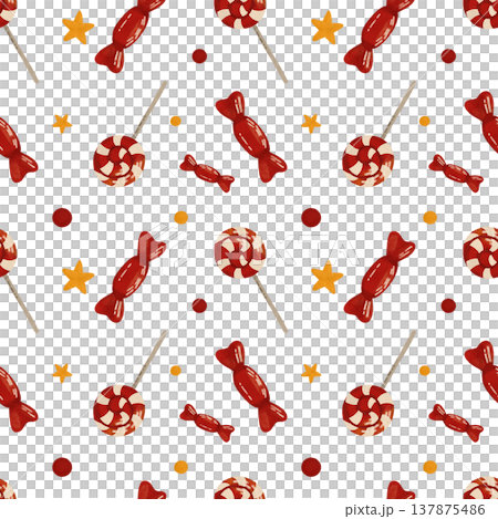 A festive seamless pattern with a lollipop, candy, confetti. In flat style. Watercolor, pastel, gouache. In red tones. Design element for products, prints, textiles, wallpapers printing A festive seamless pattern with a lollipop, candy, confetti. In flat style. Watercolor, pastel, gouache. In red tones. Design element for products, prints, textiles, wallpapers printing 137875486