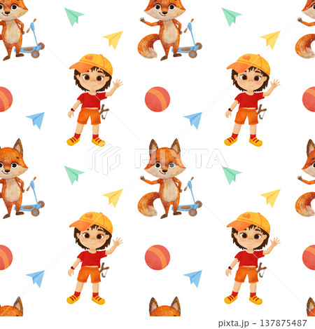 Seamless pattern. A boy, a red fox, a cartoon character with a scooter, boy's toys. In a flat style. Watercolor, pastel, gouache. For the design of children's products: printing, packaging, textiles 137875487