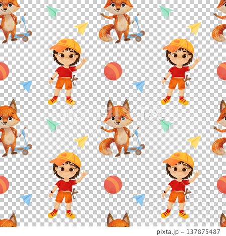 Seamless pattern. A boy, a red fox, a cartoon character with a scooter, boy's toys. In a flat style. Watercolor, pastel, gouache. For the design of children's products: printing, packaging, textiles 137875487