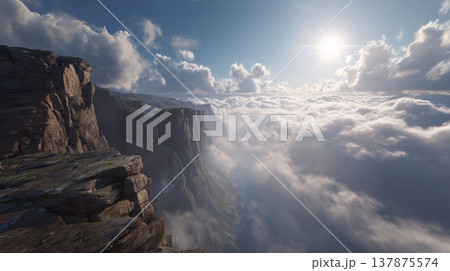 断崖絶壁と雲海に差し込む光が幻想的な山岳風景 137875574
