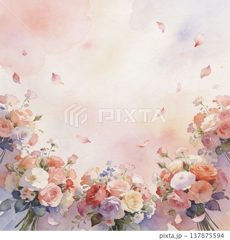 バラの花束と舞い散る花びらの正方形水彩イラスト背景 137875594