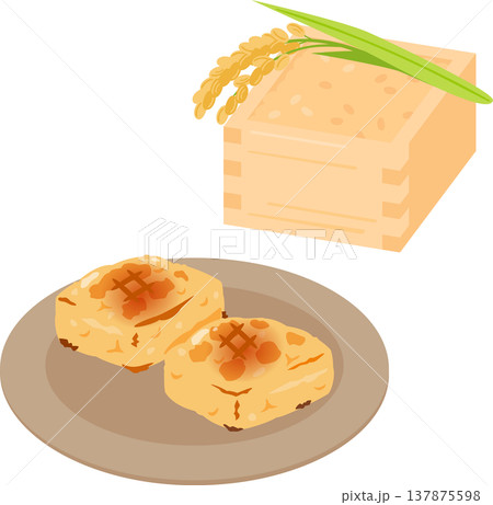 焼いた玄米餅と升に入った玄米 137875598