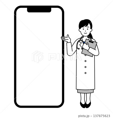 空白の画面の大きいスマートフォンと医師の女性 空白の画面の大きいスマートフォンと医師の女性 137875623