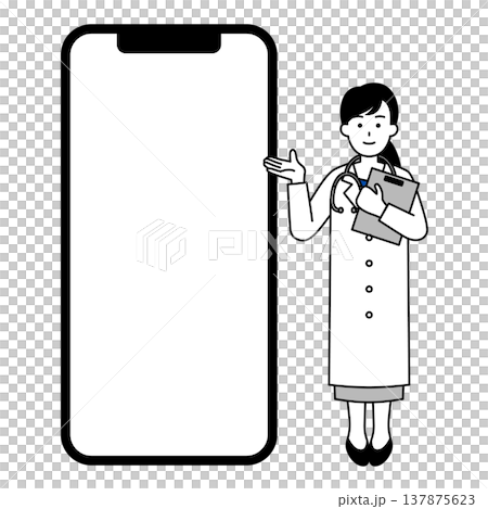 空白の画面の大きいスマートフォンと医師の女性 空白の画面の大きいスマートフォンと医師の女性 137875623