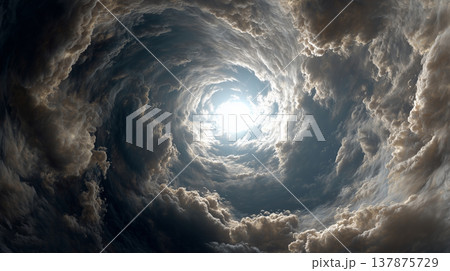 空に渦巻く巨大な雲と中心から光が差し込む迫力の風景 137875729