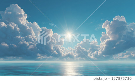 青空と積雲が広がる海と水平線の爽やかな風景 137875730
