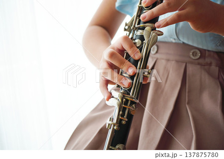 クラリネットを演奏する手元のクローズアップと音楽教育のイメージ 137875780