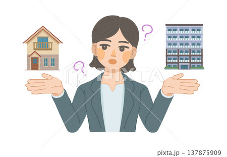 戸建てと集合住宅の違いを比較する、スーツ姿の女性のイラスト 戸建てと集合住宅の違いを比較する、スーツ姿の女性のイラスト 137875909
