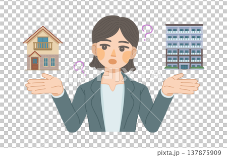 戸建てと集合住宅の違いを比較する、スーツ姿の女性のイラスト 戸建てと集合住宅の違いを比較する、スーツ姿の女性のイラスト 137875909