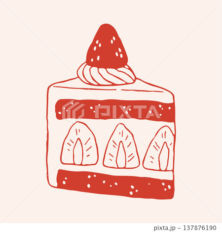 Vector illustration of a delicious strawberry layer cake slice with cream and fruit. Hand drawn red line art of gourmet sponge cake piece for bakery branding and dessert menu cards design Vector illustration of a delicious strawberry layer cake slice with cream and fruit. Hand drawn red line art of gourmet sponge cake piece for bakery branding and dessert menu cards design 137876190