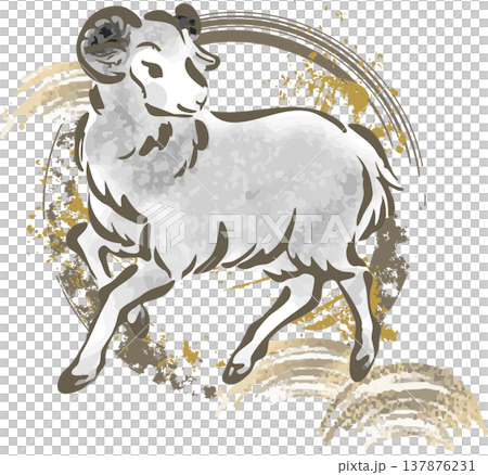 年賀2027　未年の干支の羊の墨絵イラスト、墨の輪、手描き水墨画、水彩、和風モダン、正月、年賀状素材 137876231