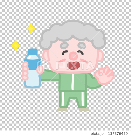 一組可愛的插圖，描繪了穿著運動服鍛鍊的老年男性。 137876459