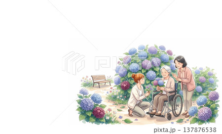 紫陽花の庭で笑顔の高齢女性と介護士・家族の優しい介護シーン(車椅子・初夏) 紫陽花の庭で笑顔の高齢女性と介護士・家族の優しい介護シーン(車椅子・初夏) 137876538