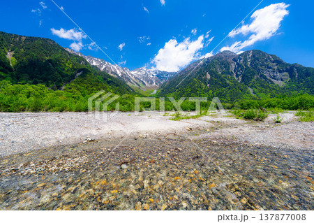 【絶景】初夏の上高地・新緑の穂高連峰と梓川【長野県】 【絶景】初夏の上高地・新緑の穂高連峰と梓川【長野県】 137877008