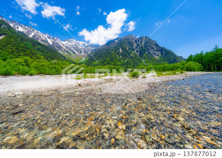 【絶景】初夏の上高地・新緑の穂高連峰と梓川【長野県】 【絶景】初夏の上高地・新緑の穂高連峰と梓川【長野県】 137877012