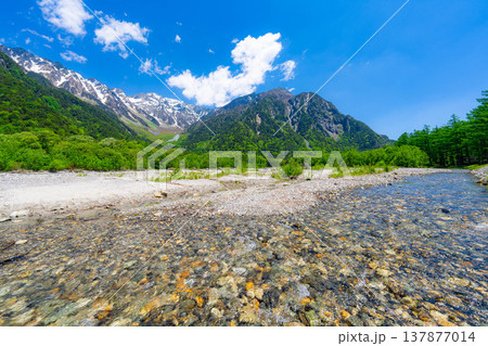 【絶景】初夏の上高地・新緑の穂高連峰と梓川【長野県】 【絶景】初夏の上高地・新緑の穂高連峰と梓川【長野県】 137877014