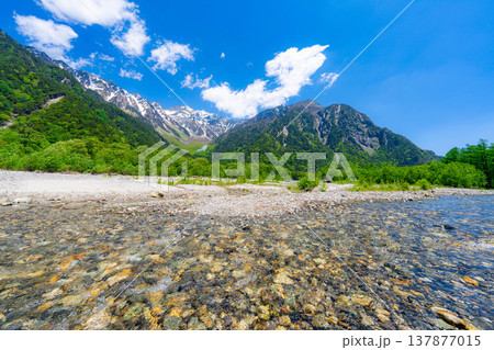【絶景】初夏の上高地・新緑の穂高連峰と梓川【長野県】 【絶景】初夏の上高地・新緑の穂高連峰と梓川【長野県】 137877015
