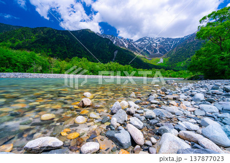 【絶景】初夏の上高地・新緑の穂高連峰と梓川【長野県】 【絶景】初夏の上高地・新緑の穂高連峰と梓川【長野県】 137877023
