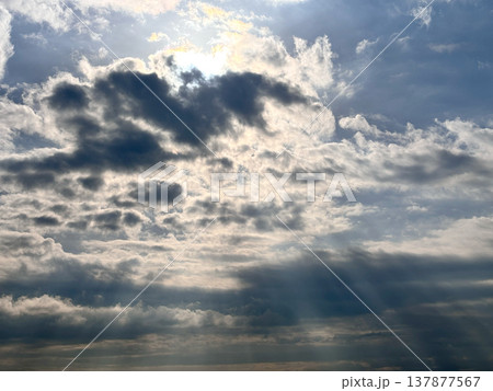 厚い雲間から太陽光が差し込むドラマチックな空の景色 137877567
