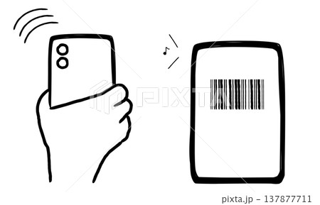 バーコードを読み取る手描きのシンプルなスマートフォンのイラスト バーコードを読み取る手描きのシンプルなスマートフォンのイラスト 137877711